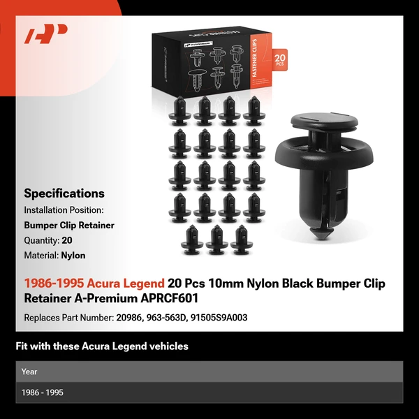 1986-1995 Acura Legend 20 Pcs 10mm Nylon Black Bumper Clip Retainer A-Premium APRCF601
