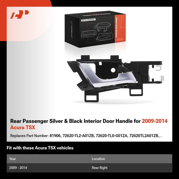 Rear Passenger Silver & Black Interior Door Handle for 2009-2014 Acura TSX