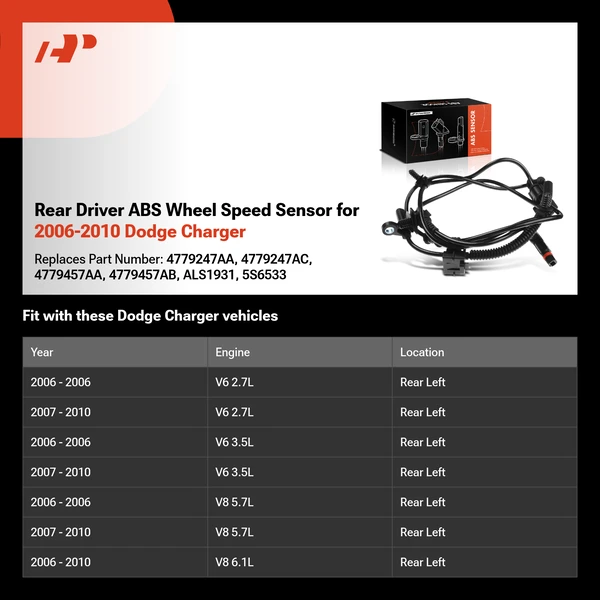 Rear Driver ABS Wheel Speed Sensor for 2006-2010 Dodge Charger