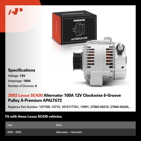 2002 Lexus SC430 Alternator 100A 12V Clockwise 6-Groove Pulley A-Premium APALT672