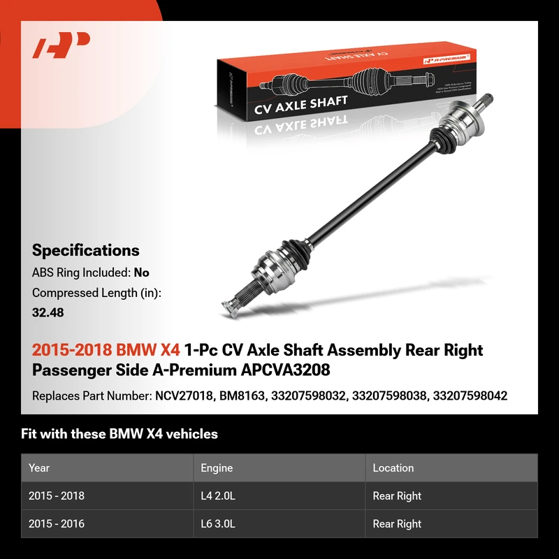 2015-2018 BMW X4 1-Pc CV Axle Shaft Assembly Rear Right Passenger Side A-Premium APCVA3208