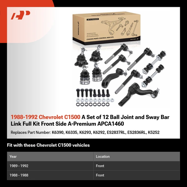1988-1992 Chevrolet C1500 A Set of 12 Ball Joint and Sway Bar Link Full Kit Front Side A-Premium APCA1460