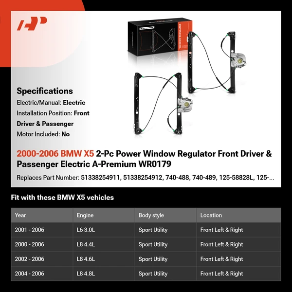 2000-2006 BMW X5 2-Pc Power Window Regulator Front Driver & Passenger Electric A-Premium WR0179