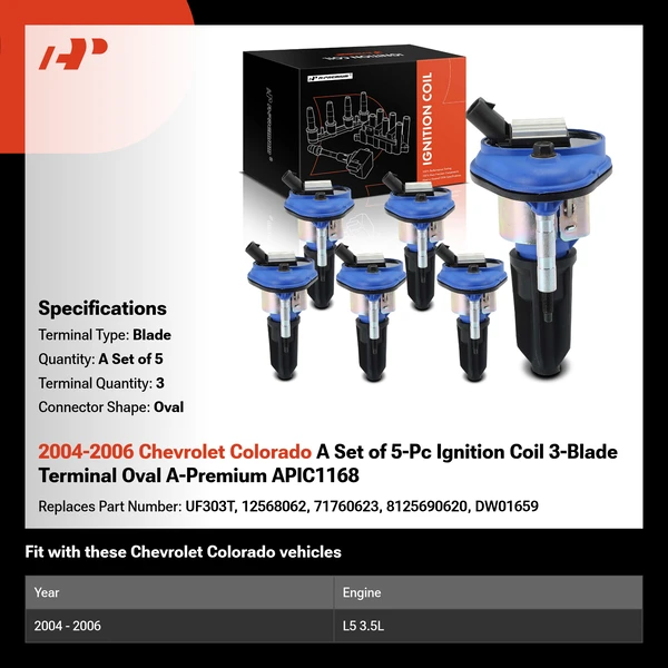 2004-2006 Chevrolet Colorado A Set of 5-Pc Ignition Coil 3-Blade Terminal Oval A-Premium APIC1168