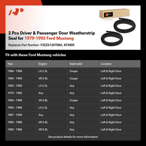 2 Pcs Driver & Passenger Door Weatherstrip Seal for 1979-1993 Ford Mustang