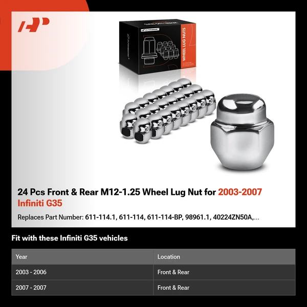 24 Pcs Front & Rear M12-1.25 Wheel Lug Nut for 2003-2007 Infiniti G35
