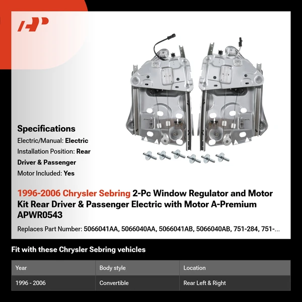 1996-2006 Chrysler Sebring 2-Pc Window Regulator and Motor Kit Rear Driver & Passenger Electric with Motor A-Premium APWR0543