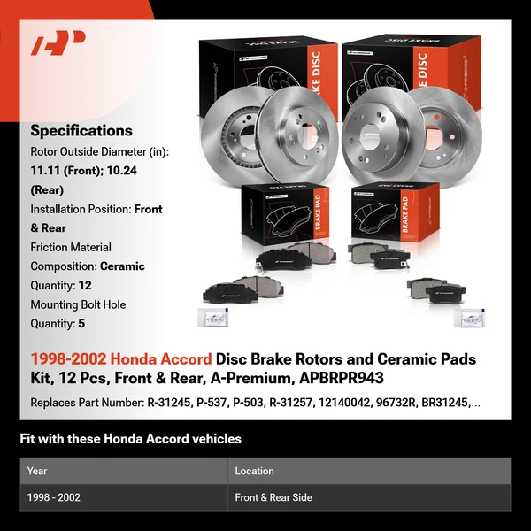1998-2002 Honda Accord Disc Brake Rotors and Ceramic Pads Kit, 12 Pcs, Front & Rear, A-Premium, APBRPR943