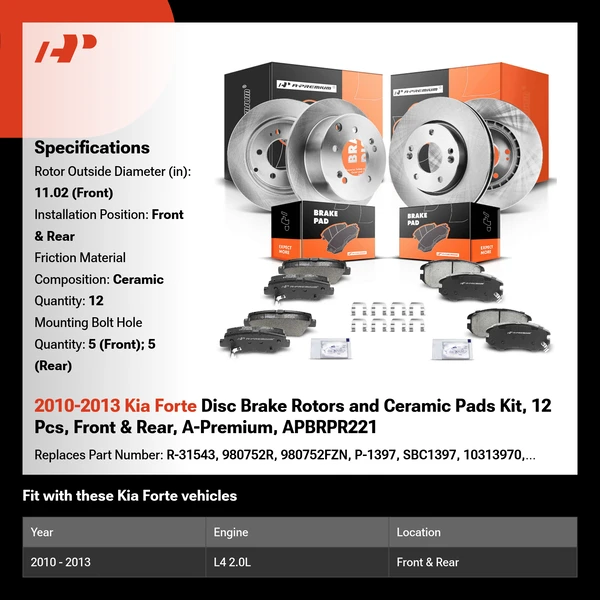 2010-2013 Kia Forte Disc Brake Rotors and Ceramic Pads Kit, 12 Pcs, Front & Rear, A-Premium, APBRPR221
