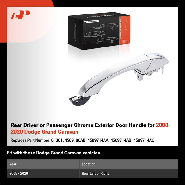 Rear Driver or Passenger Chrome Exterior Door Handle for 2008-2020 Dodge Grand Caravan