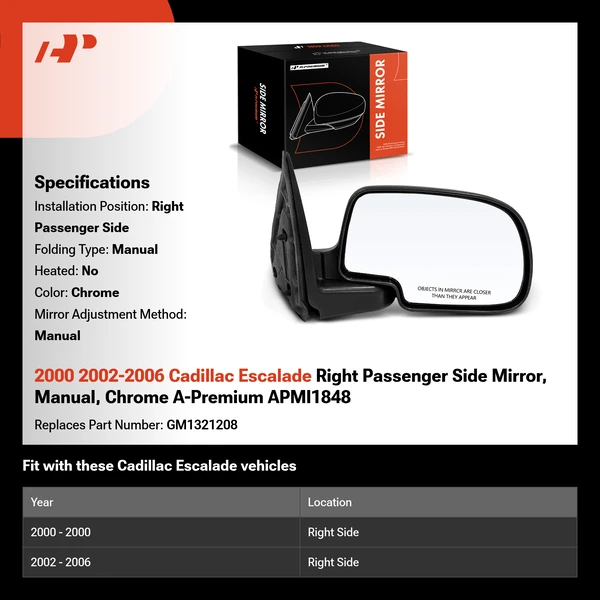 2000 2002-2006 Cadillac Escalade Right Passenger Side Mirror, Manual, Chrome A-Premium APMI1848