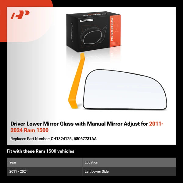 Driver Lower Mirror Glass with Manual Mirror Adjust for 2011-2024 Ram 1500