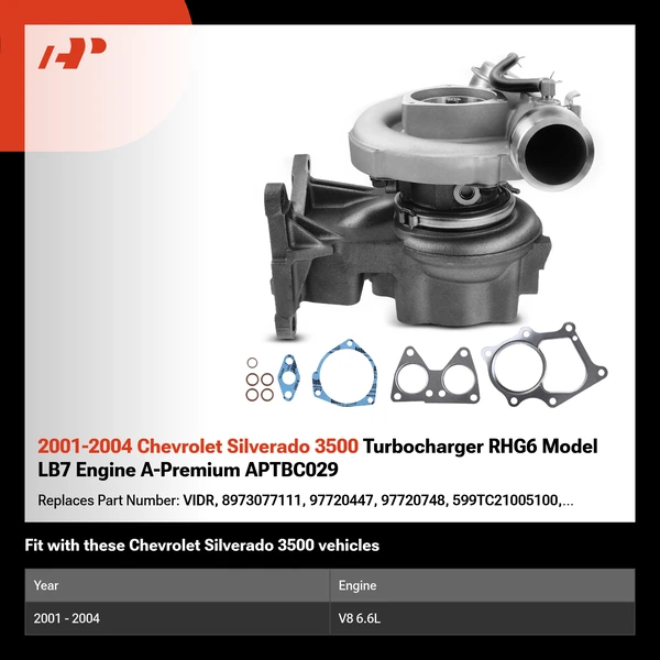 2001-2004 Chevrolet Silverado 3500 Turbocharger RHG6 Model LB7 Engine A-Premium APTBC029