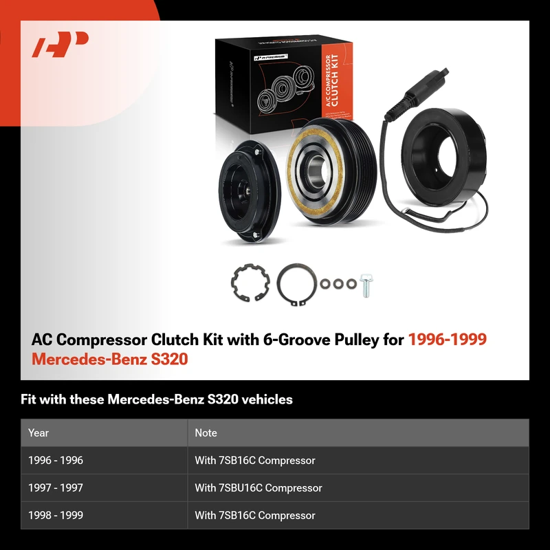 AC Compressor Clutch Kit with 6-Groove Pulley for 1996-1999 Mercedes-Benz S320