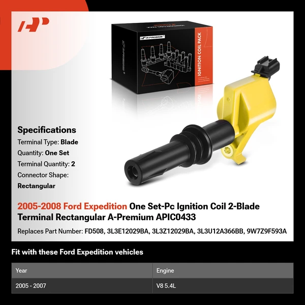 2005-2008 Ford Expedition One Set-Pc Ignition Coil 2-Blade Terminal Rectangular A-Premium APIC0433