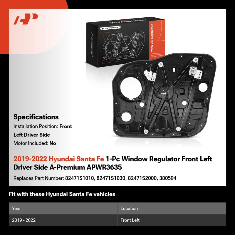2019-2022 Hyundai Santa Fe 1-Pc Window Regulator Front Left Driver Side A-Premium APWR3635