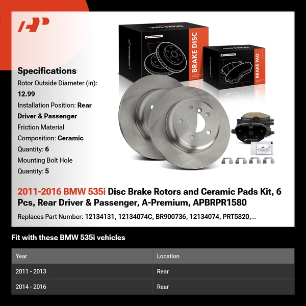 2011-2016 BMW 535i Disc Brake Rotors and Ceramic Pads Kit, 6 Pcs, Rear Driver & Passenger, A-Premium, APBRPR1580