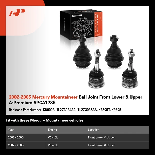 2002-2005 Mercury Mountaineer Ball Joint Front Lower & Upper A-Premium APCA1785