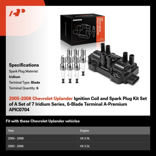 2005-2008 Chevrolet Uplander Ignition Coil and Spark Plug Kit Set of A Set of 7 Iridium Series, 6-Blade Terminal A-Premium APIC0704