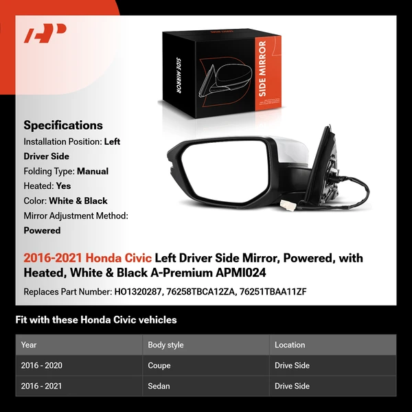 2016-2021 Honda Civic Left Driver Side Mirror, Powered, with Heated, White & Black A-Premium APMI024