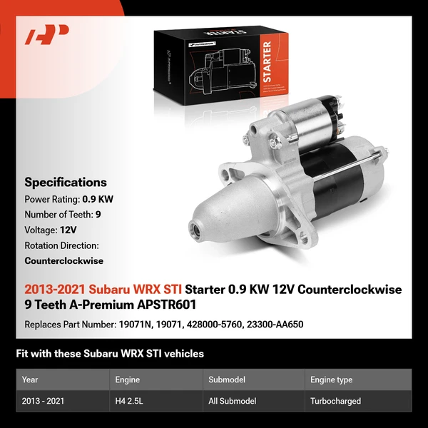 2013-2021 Subaru WRX STI Starter 0.9 KW 12V Counterclockwise 9 Teeth A-Premium APSTR601