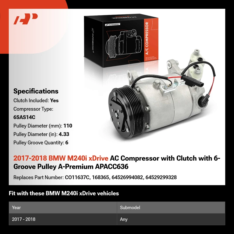 2017-2018 BMW M240i xDrive AC Compressor with Clutch with 6-Groove Pulley A-Premium APACC636