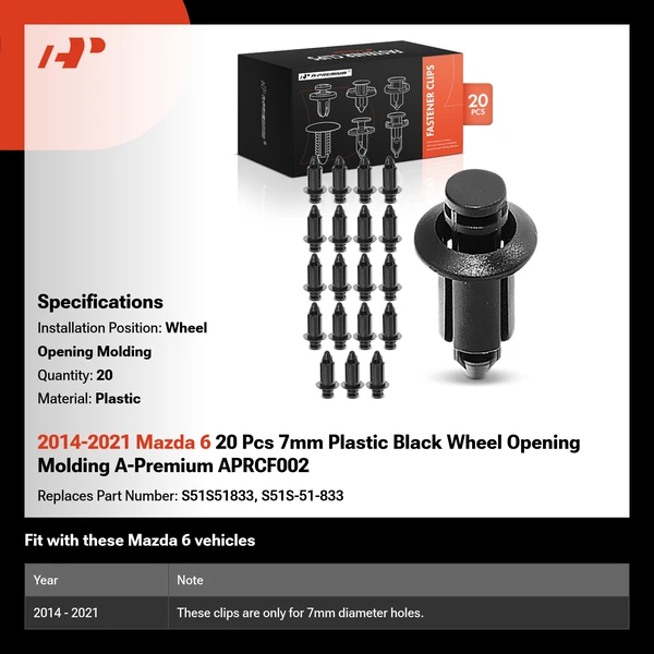 2014-2021 Mazda 6 20 Pcs 7mm Plastic Black Wheel Opening Molding A-Premium APRCF002