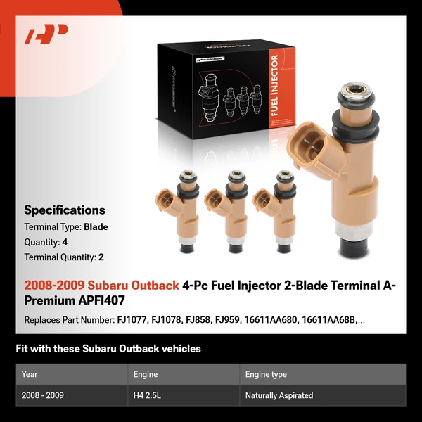 2008-2009 Subaru Outback 4-Pc Fuel Injector 2-Blade Terminal A-Premium APFI407
