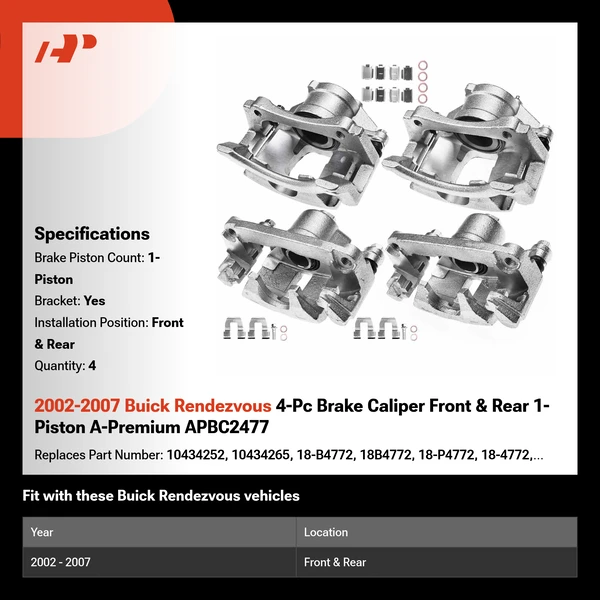 2002-2007 Buick Rendezvous 4-Pc Brake Caliper Front & Rear 1-Piston A-Premium APBC2477