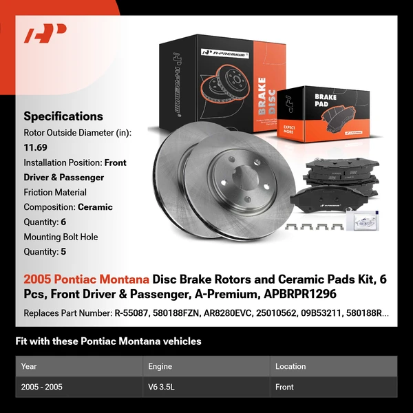 2005 Pontiac Montana Disc Brake Rotors and Ceramic Pads Kit, 6 Pcs, Front Driver & Passenger, A-Premium, APBRPR1296