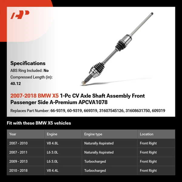 2007-2018 BMW X5 1-Pc CV Axle Shaft Assembly Front Passenger Side A-Premium APCVA1078