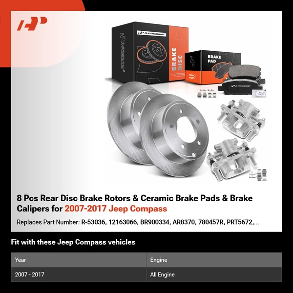 8 Pcs Rear Disc Brake Rotors & Ceramic Brake Pads & Brake Calipers for 2007-2017 Jeep Compass