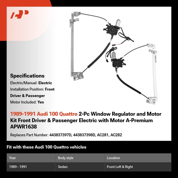 1989-1991 Audi 100 Quattro 2-Pc Window Regulator and Motor Kit Front Driver & Passenger Electric with Motor A-Premium APWR1638