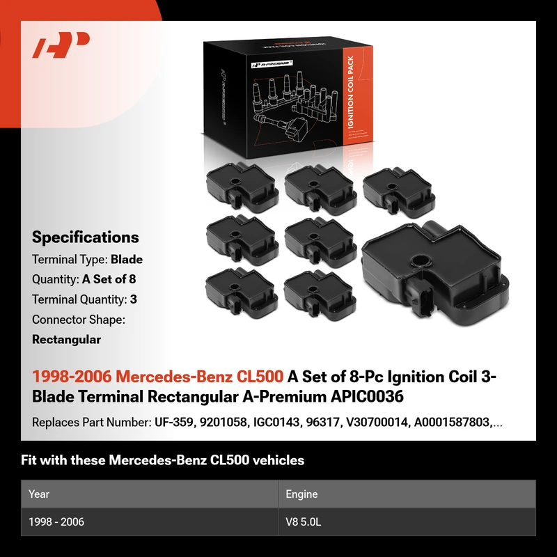 1998-2006 Mercedes-Benz CL500 A Set of 8-Pc Ignition Coil 3-Blade Terminal Rectangular A-Premium APIC0036