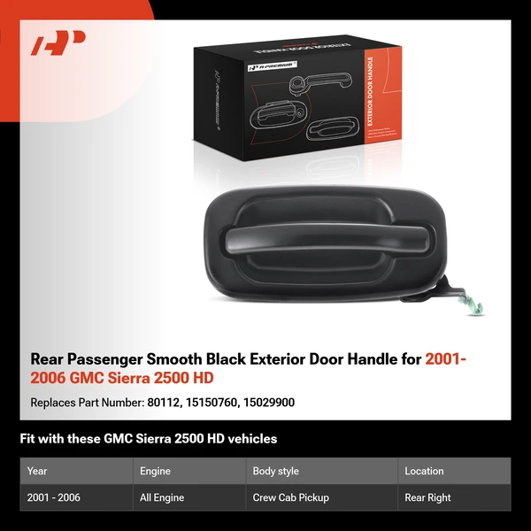 Rear Passenger Smooth Black Exterior Door Handle for 2001-2006 GMC Sierra 2500 HD