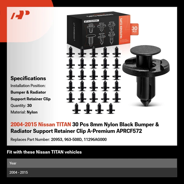 2004-2015 Nissan TITAN 30 Pcs 8mm Nylon Black Bumper & Radiator Support Retainer Clip A-Premium APRCF572