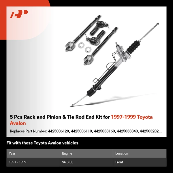 5 Pcs Rack and Pinion & Tie Rod End Kit for 1997-1999 Toyota Avalon