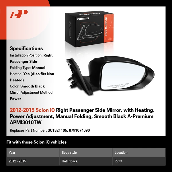 2012-2015 Scion iQ Right Passenger Side Mirror, with Heating, Power Adjustment, Manual Folding, Smooth Black A-Premium APMI3010TW