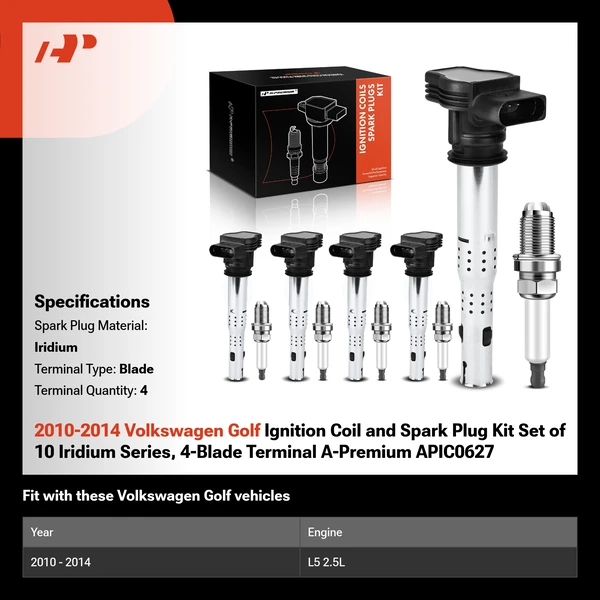 2010-2014 Volkswagen Golf Ignition Coil and Spark Plug Kit Set of 10 Iridium Series, 4-Blade Terminal A-Premium APIC0627