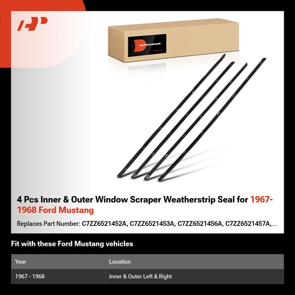 4 Pcs Inner & Outer Window Scraper Weatherstrip Seal for 1967-1968 Ford Mustang