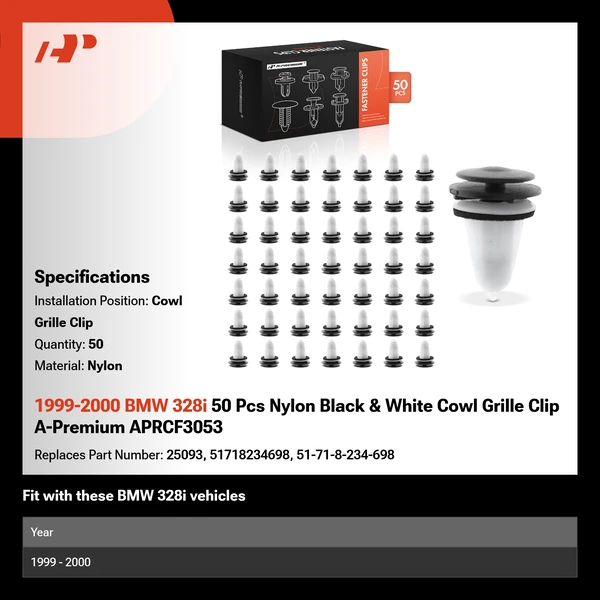 1999-2000 BMW 328i 50 Pcs Nylon Black & White Cowl Grille Clip A-Premium APRCF3053