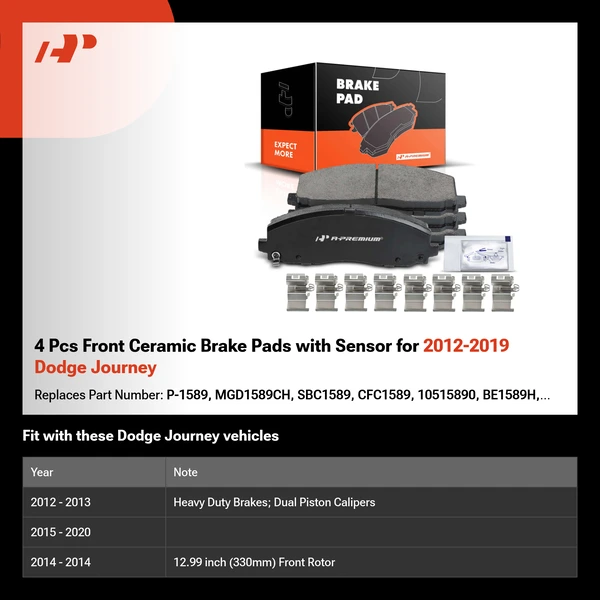 4 Pcs Front Ceramic Brake Pads with Sensor for 2012-2019 Dodge Journey