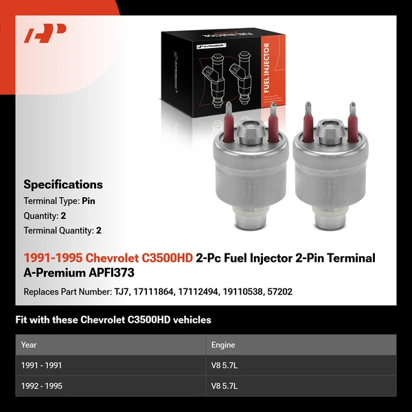 1991-1995 Chevrolet C3500HD 2-Pc Fuel Injector 2-Pin Terminal A-Premium APFI373