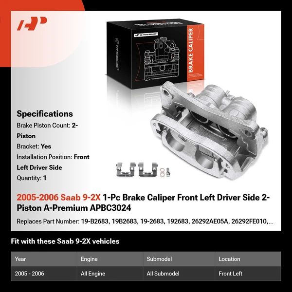 2005-2006 Saab 9-2X 1-Pc Brake Caliper Front Left Driver Side 2-Piston A-Premium APBC3024