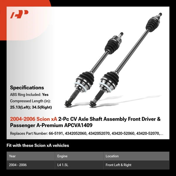 2004-2006 Scion xA 2-Pc CV Axle Shaft Assembly Front Driver & Passenger A-Premium APCVA1409