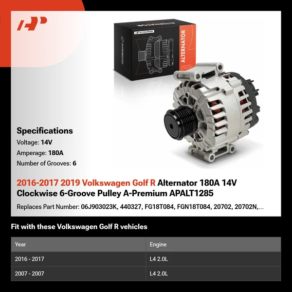 2016-2017 2019 Volkswagen Golf R Alternator 180A 14V Clockwise 6-Groove Pulley A-Premium APALT1285
