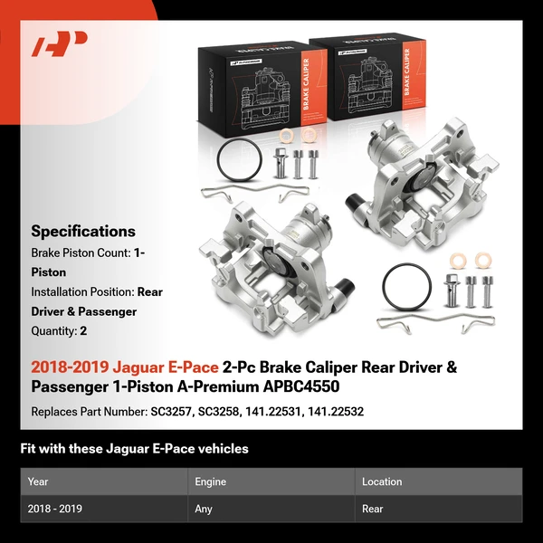 2018-2019 Jaguar E-Pace 2-Pc Brake Caliper Rear Driver & Passenger 1-Piston A-Premium APBC4550