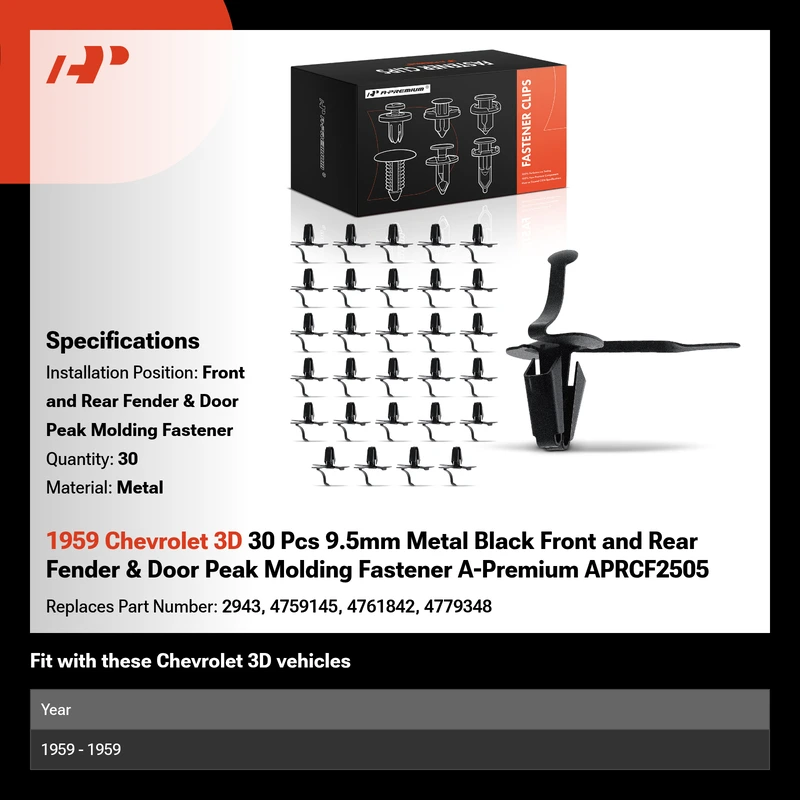 1959 Chevrolet 3D 30 Pcs 9.5mm Metal Black Front and Rear Fender & Door Peak Molding Fastener A-Premium APRCF2505