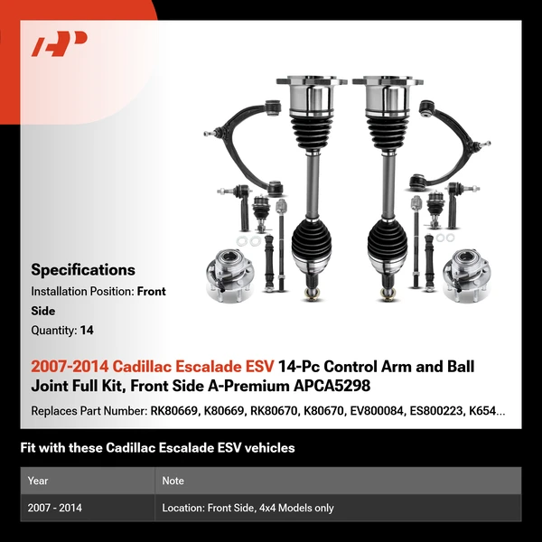 2007-2014 Cadillac Escalade ESV 14-Pc Control Arm and Ball Joint Full Kit, Front Side A-Premium APCA5298