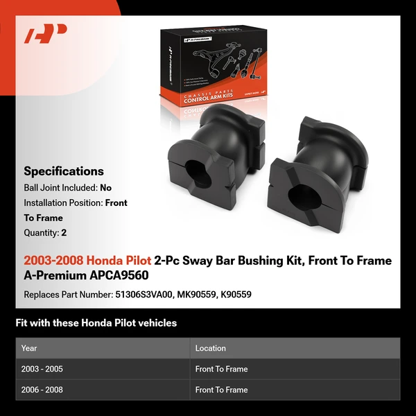 2003-2008 Honda Pilot 2-Pc Sway Bar Bushing Kit, Front To Frame A-Premium APCA9560